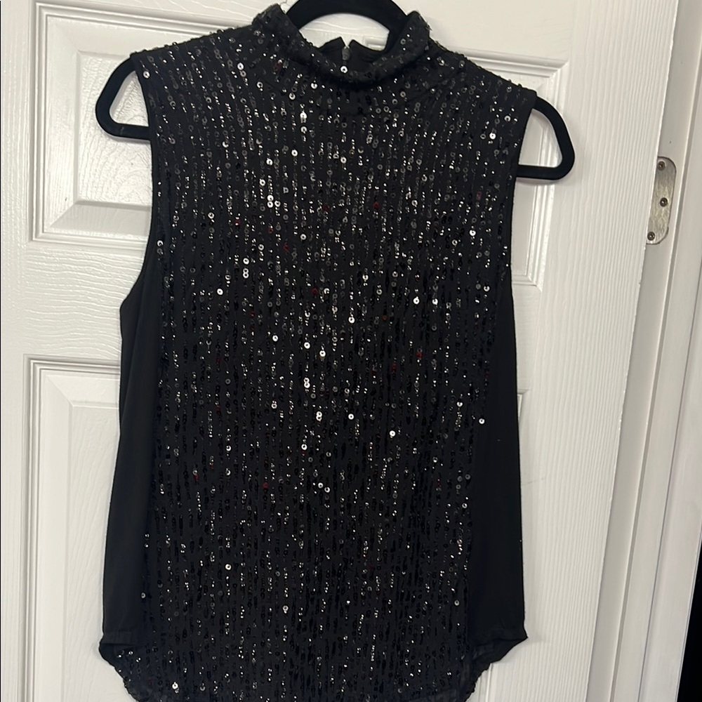 Karen Kane Black Sequin Blouse with Mandarin Collar